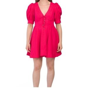 House of Harlow 1960 Hot Pink Linen Blend Puff Sleeve Mini Dress
